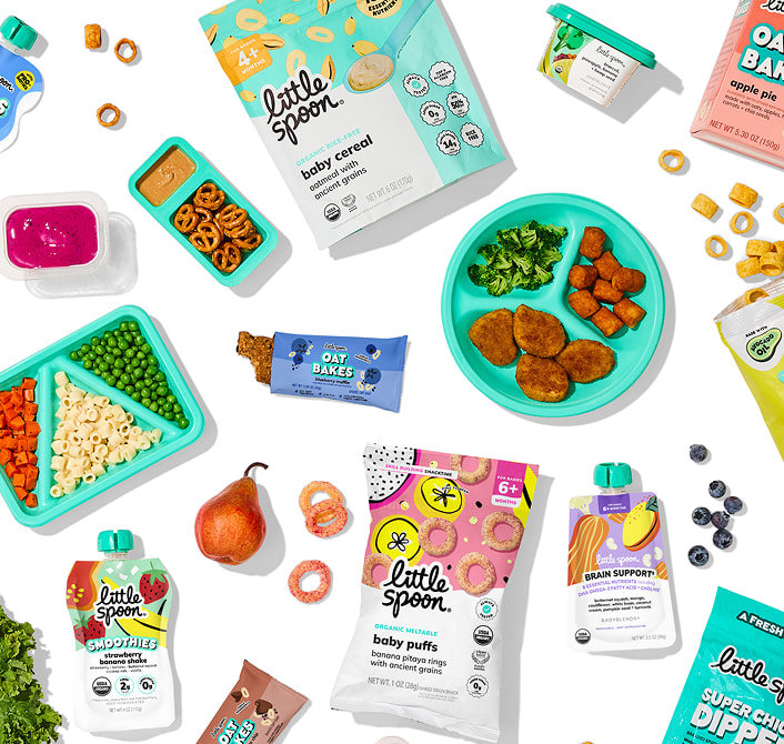 Little Spoon products including baby cereal, baby puffs, smoothies, oat bakes, plates, and blends.