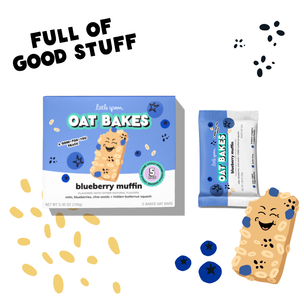 Full of Good Stuff. Blueberry Muffin Oat Bake box and bar with illustrations of squash, blueberries, flax and chia seeds.