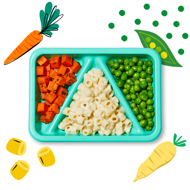 Open Mini White Mac and Cheese Biteables meal with illustrations of bite-sized pasta, carrot, parsnip and peas.