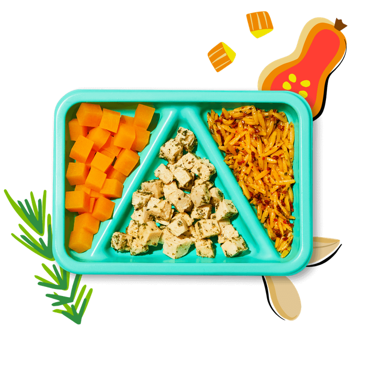 Open Rosemary Chicken Biteables meal with illustrations of butternut squash, rosemary herb and shallots.