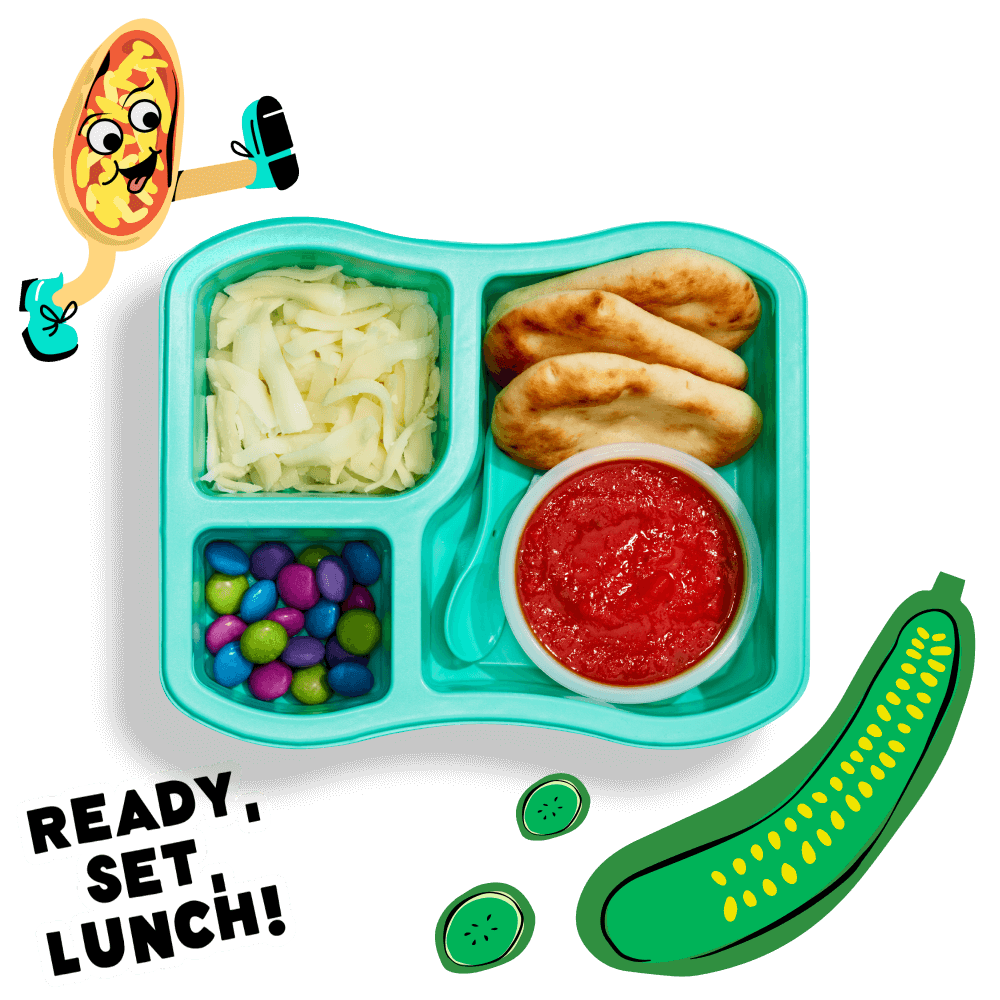 Ready, Set, Lunch! Open Easy Cheesy Pizza Lunchers meal with illustrations of pizza character and zucchinis.