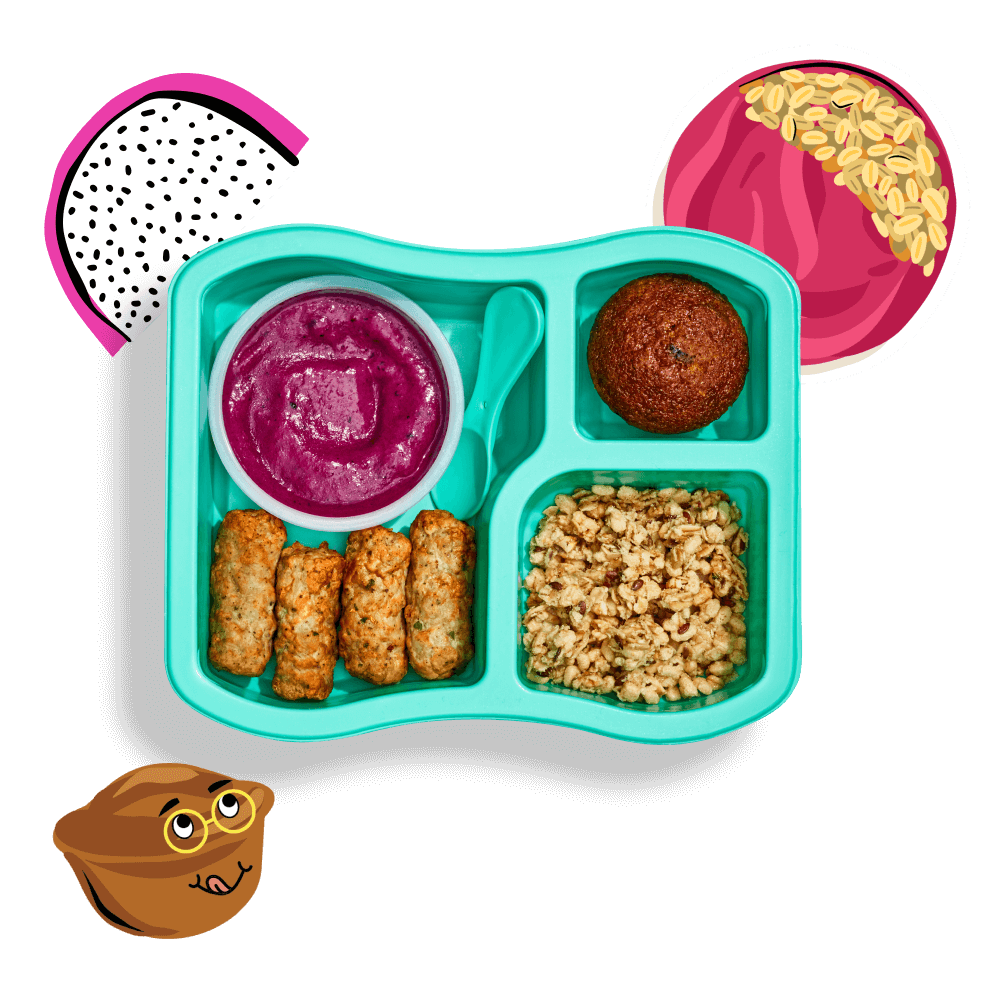 Open Brunch Lunch Lunchers meal with illustrations of pitaya, zucchini muffin character, and smoothie mixed granola.
