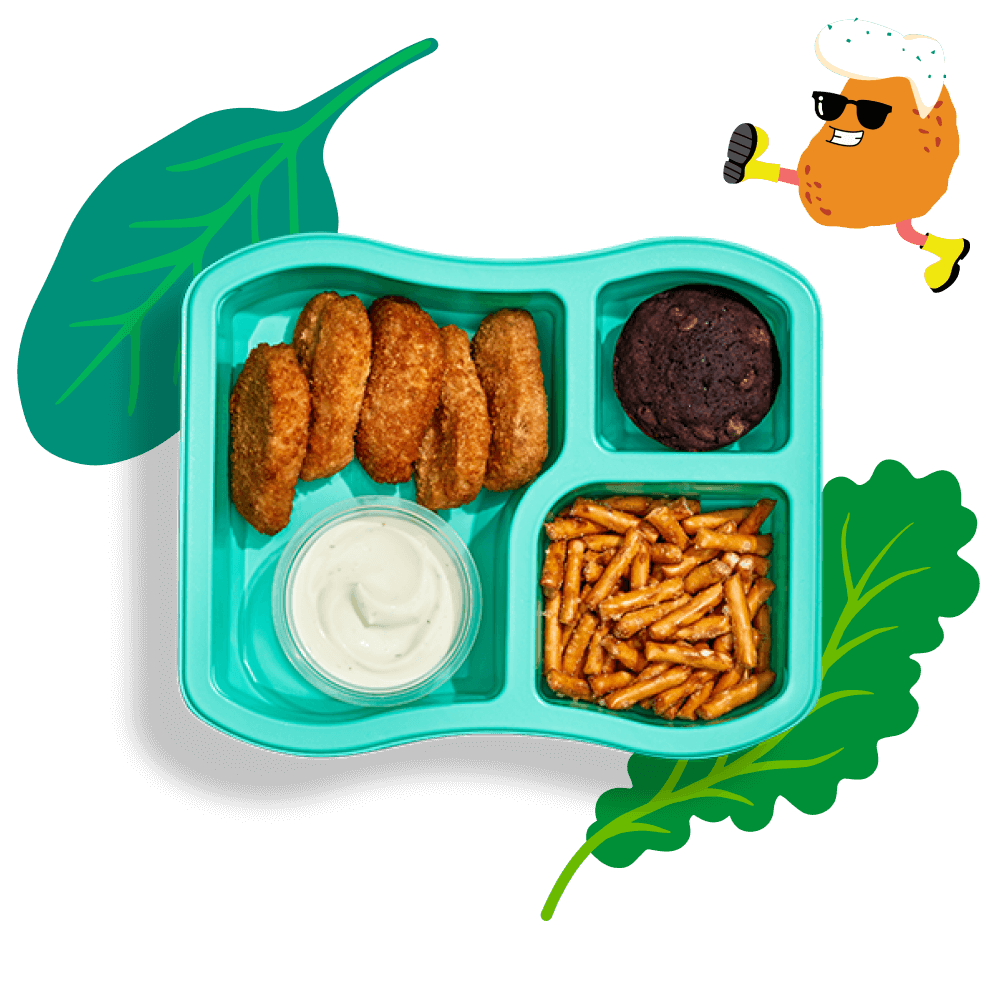 Open Chicken Dunkers Lunchers meal with illustrations of Chicken Dunker character and kale.