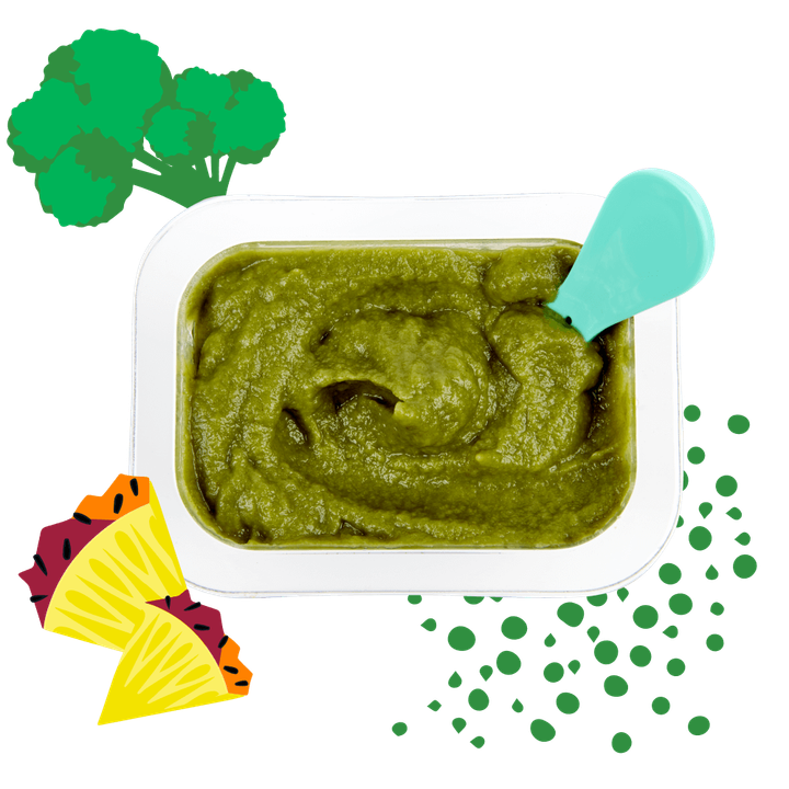 Open Tropical Greens Bowl Babyblend puree with illustrations of broccoli, pineapple and hemp seeds.