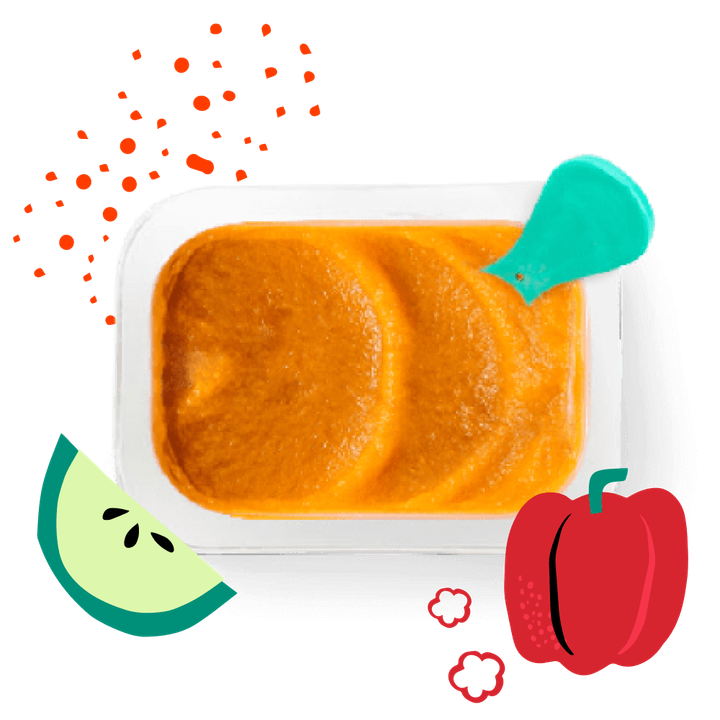 Open Turmeric Sweet Potato Bell Pepper Soup Babyblend puree with illustrations of apple, red bell pepper, and turmeric.