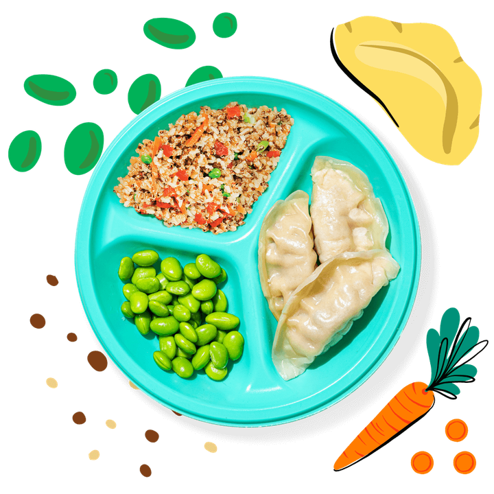 Open Chicken Pot Stickers Plate with illustrations of peas, pot sticker, carrots and quinoa.