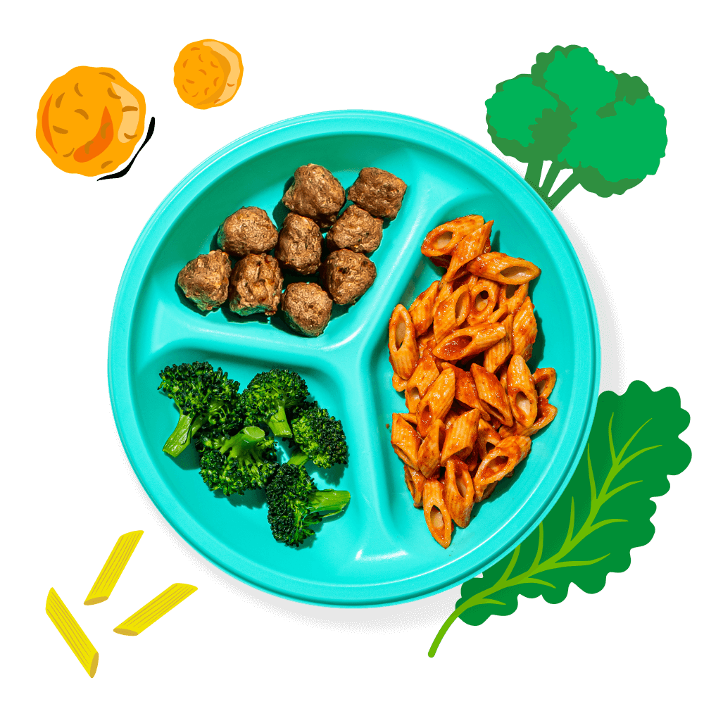 Open Whole Wheat Penne and Turkey Kale Meatballs Plate with illustrations of broccoli, meatballs, penne pasta, and kale.