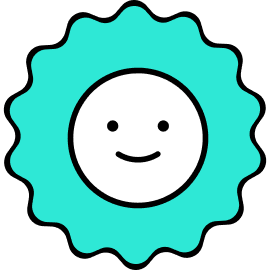 Smiling face inside a teal circular background with a scalloped edge.