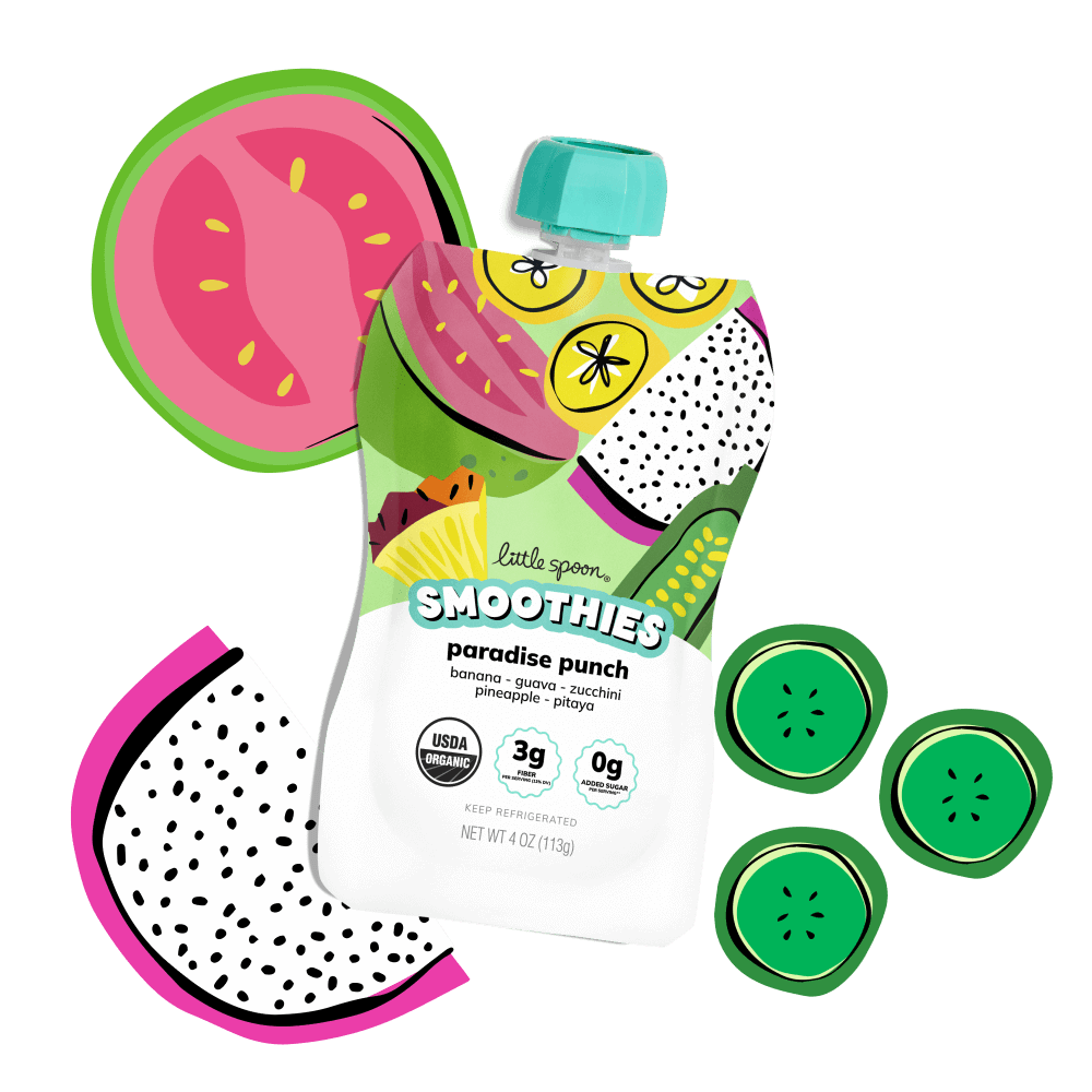 Paradise Punch Smoothie pouch with illustrations of guava, pitaya, and zucchini.