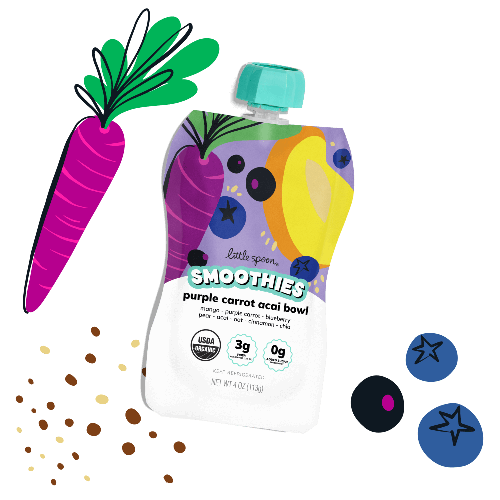 Purple Carrot Acai Bowl Smoothie pouch with illustrations of purple carrots, chia seeds, acai and blueberries.