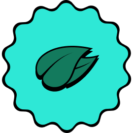 Two dark green leaves, set inside a teal circular background with a scalloped edge.