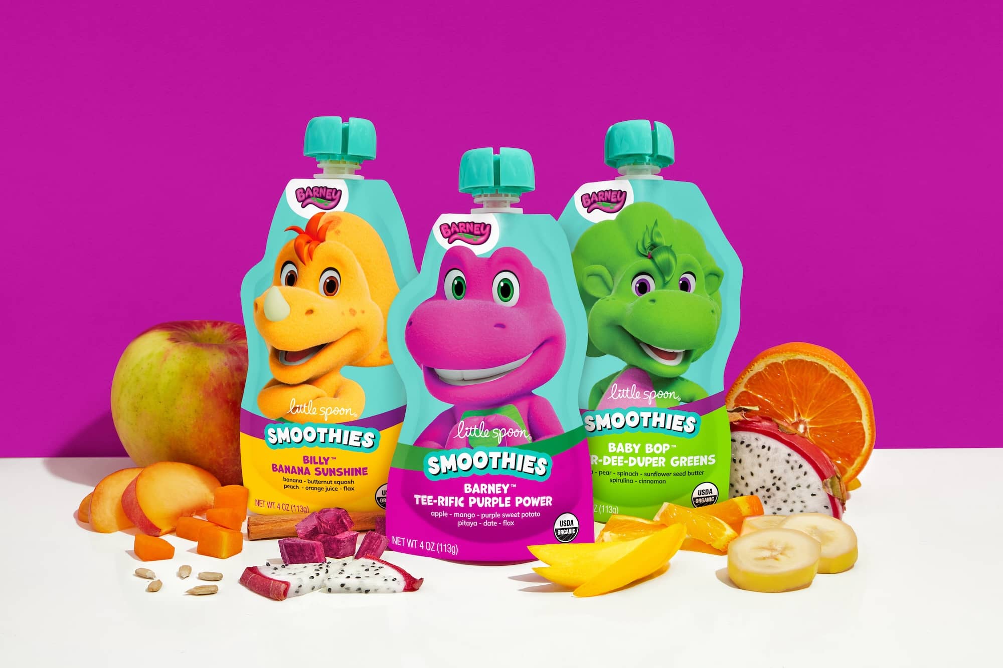 The Barney Smoothies: Billy Banana Sunshine, Barney Tee-rific Purple Power, and Baby Bop Super-Dee-Duper Greens.