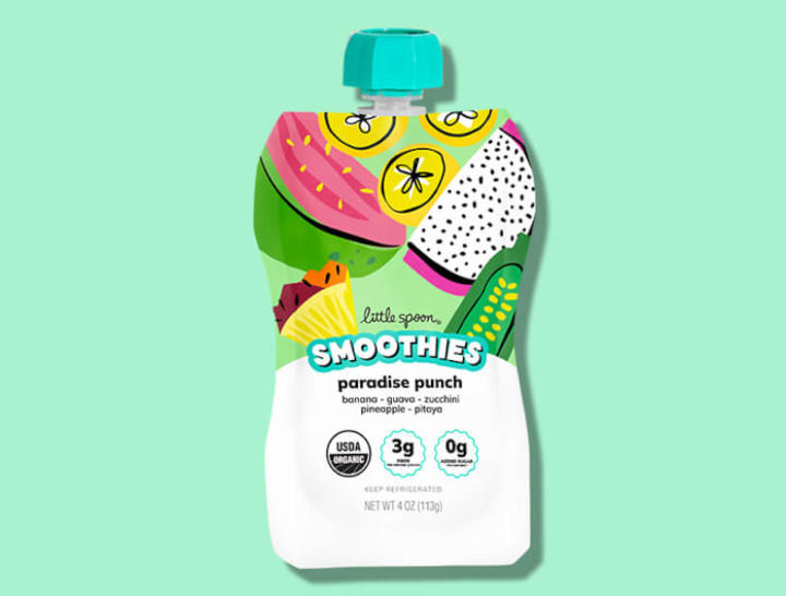 Vibrant smoothie pouch with bold, fun designs, representing organic smoothies and Greek yogurt squeezables suitable for all ages.