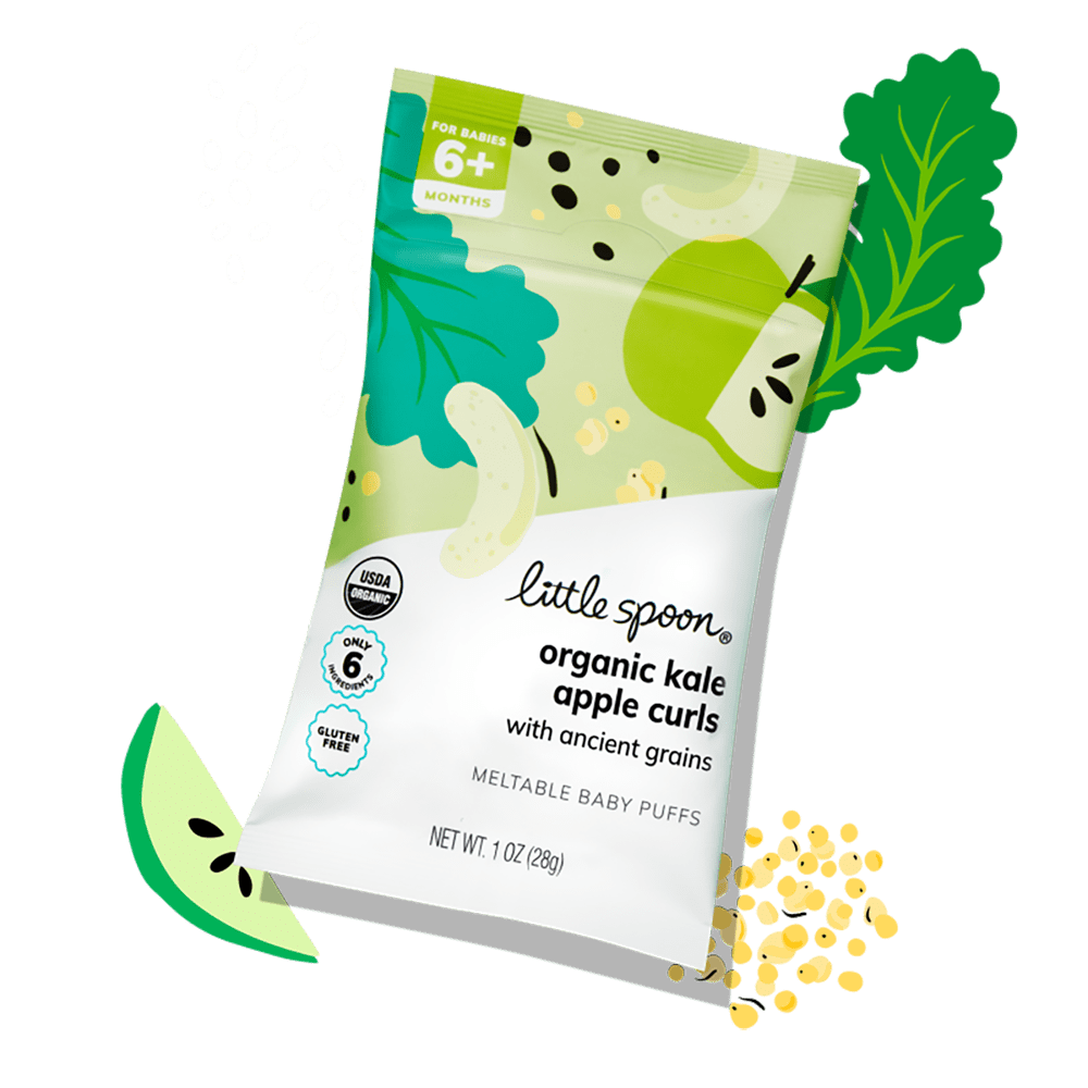 Organic Kale Apple Curl bag with illustrations of an apple slice, kale leaf, quinoa, and sorghum