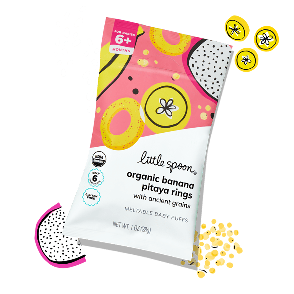 Organic Banana Pitaya Rings bag with illustrations of a pitaya slice, bananas, quinoa, and sorghum