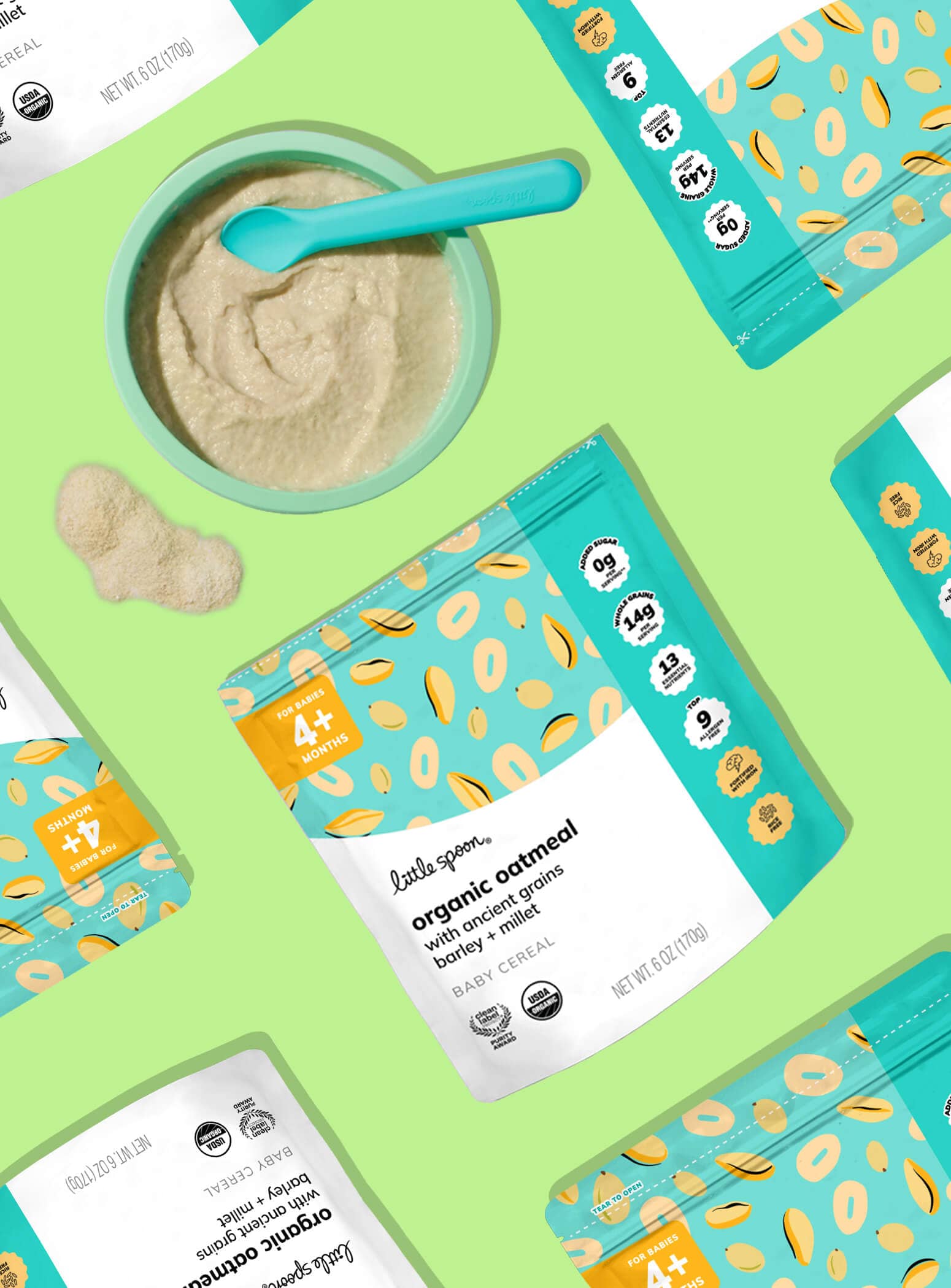 Bowl of Organic Oatmeal Baby Cereal surrounded by closed bags of product on lime green background.