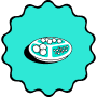 Divided plate with various food items inside a teal circular background with a scalloped edge.