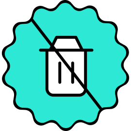 Trash can crossed out with a diagonal line, inside a teal circular background with a scalloped edge.