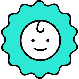 Smiling child's face with a small curl of hair, inside a teal circular background with a scalloped edge.