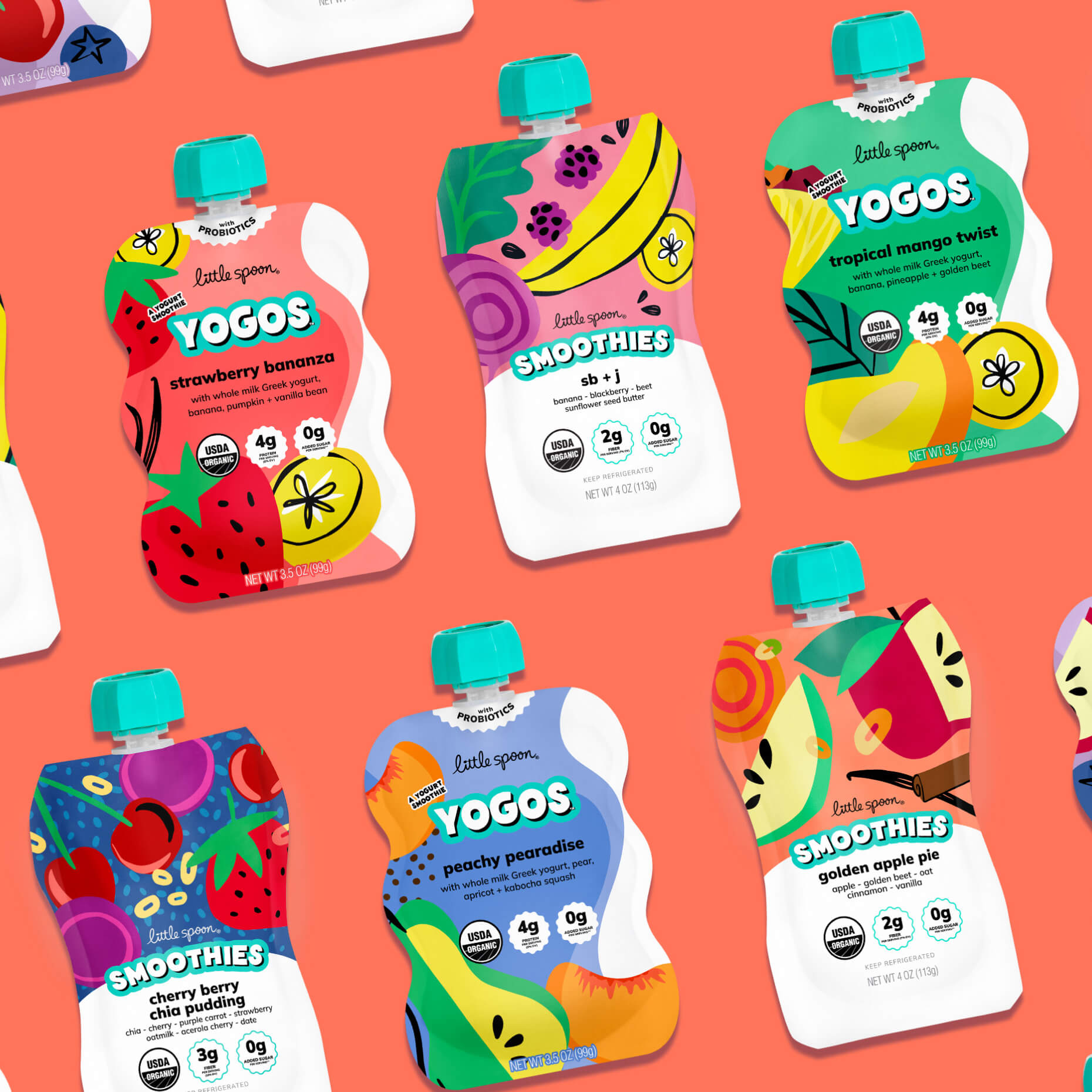 Three colorful pouches of Little Spoon Smoothies and Yogos displayed on an orange background. The pouches include a Paradise Punch Smoothie, Peachy Pearadise YoGo and a Purple Carrot Acai Bowl Smoothie, each featuring playful fruit illustrations and teal caps.