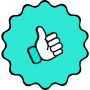 Hand giving a thumbs-up inside a teal circular background with a scalloped edge.