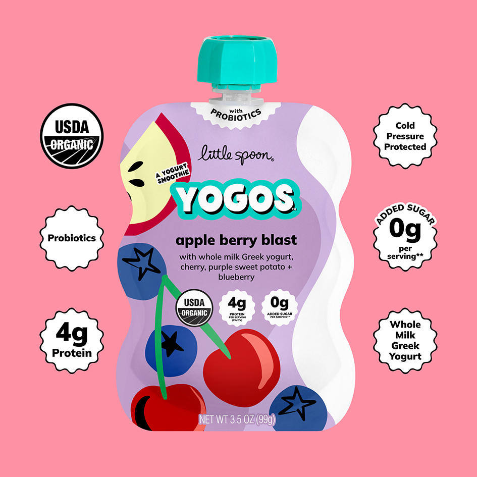 Organic Apple Berry Blast YoGo Pouch with probiotics, 4 grams of protein, 0 gram of added sugar and whole milk greek yogurt