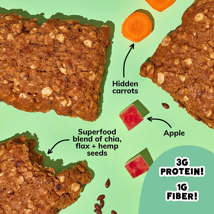 Apple Pie Oat Bakes Snack. Hidden carrots. Superfood blend of chia, flax + hemp seeds. 3G protein! 1g fiber!