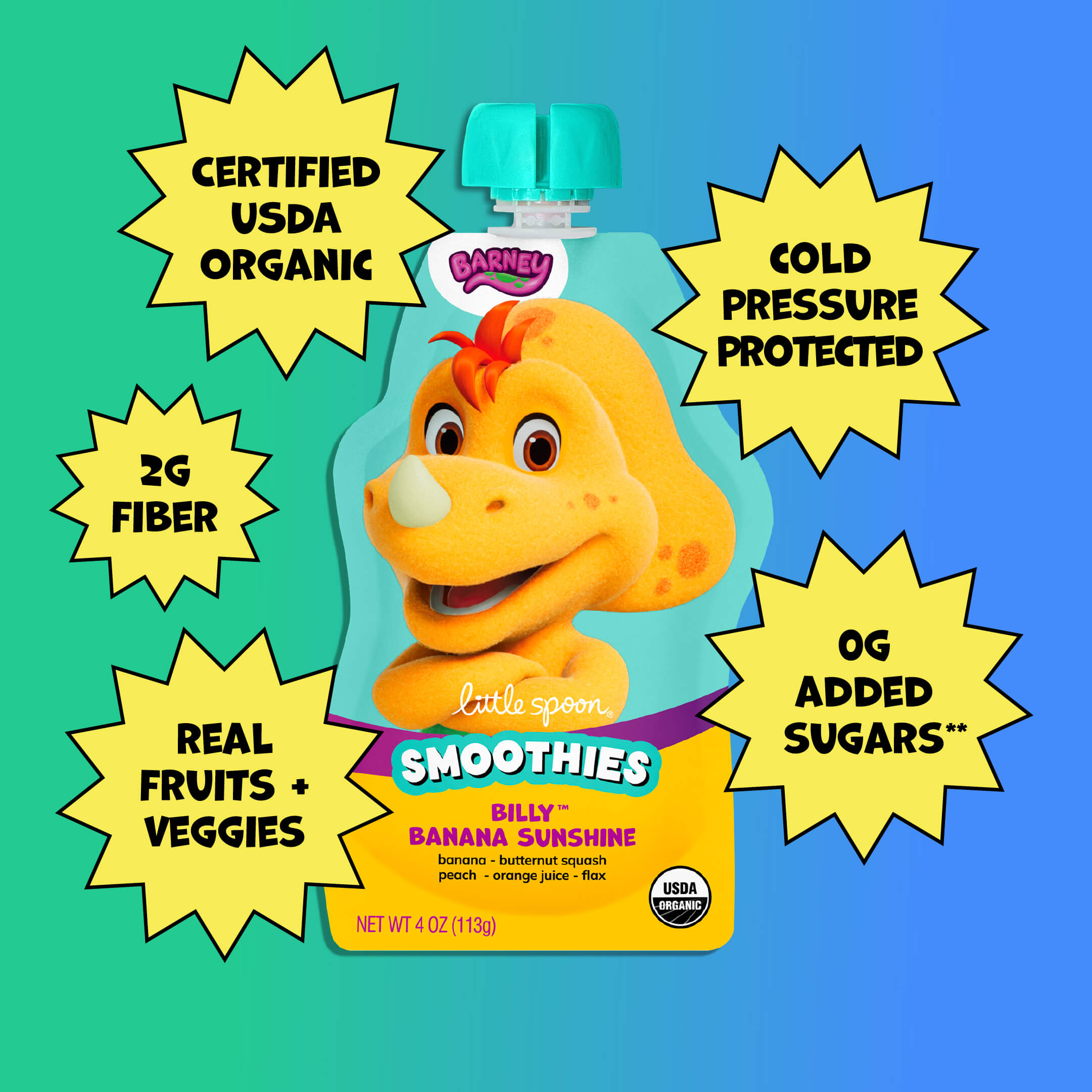 Billy Banana Sunshine Smoothie with 0 grams of added sugar, 2 grams of fiber, certified usda organic, cold pressure protected