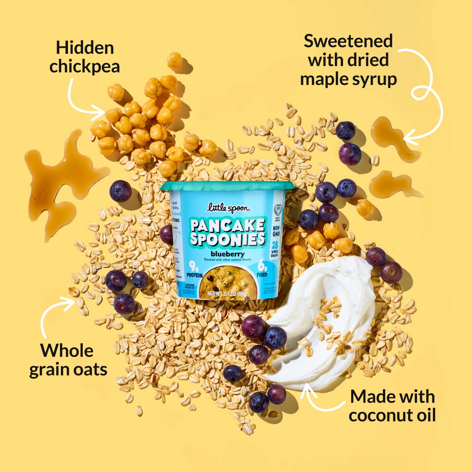 Blueberry Pancake Spoonies made with coconut oil, whole grain oats, hidden chickpeas, sweetened with dried maple syrup