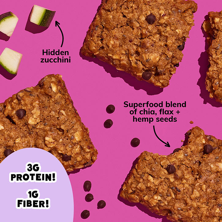 Chocolate Chip Oat Bakes Snack. Superfood blend of chia, flax + hemp seeds. Hidden zucchini. 3G protein! 1G fiber!