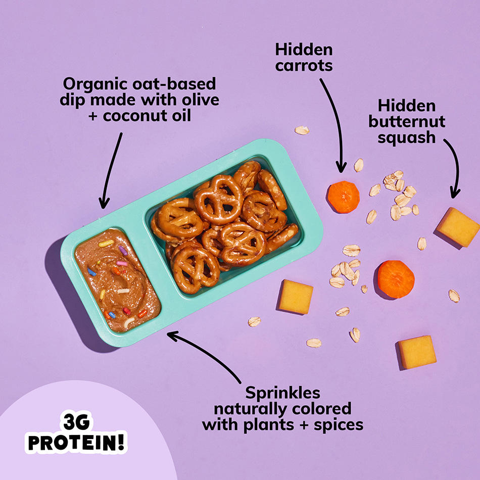 Organic oat-based dip made w/ olive + coconut oil. Sprinkles naturally colored w/ plants. Hidden carrots + butternut squash.
