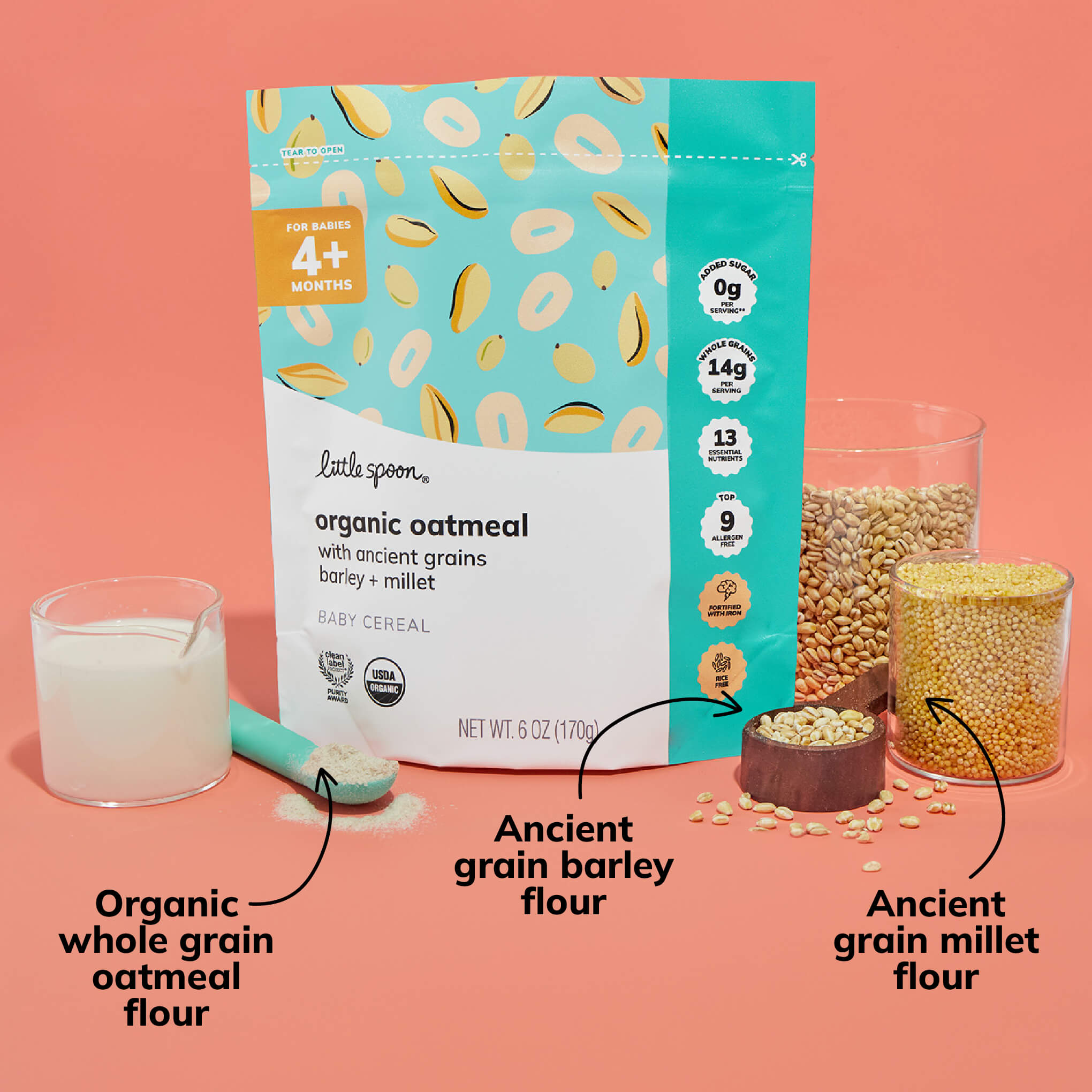 Oatmeal Baby Cereal bag with organic whole grain oatmeal flour, ancient grain barley flour, ancient grain millet flour