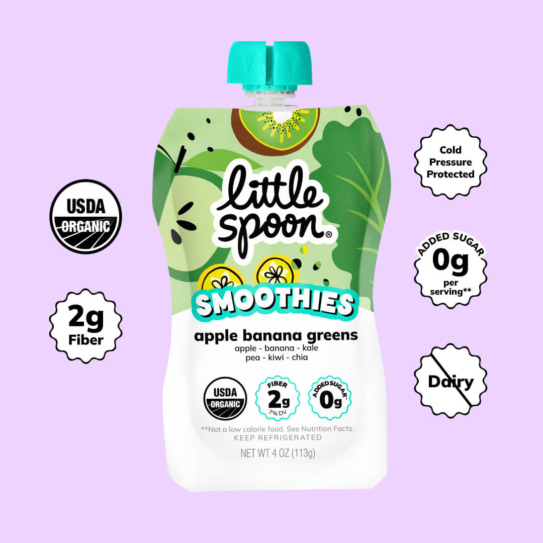 Organic Apple Banana Greens smoothie with 2 grams of fiber, 0 grams of added sugar, dairy free and cold pressure protected