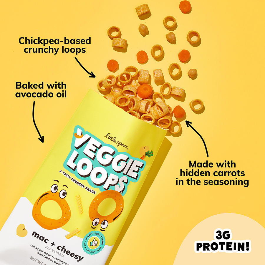 Chickpea-based crunchy loops. Baked with avocado oil. Made with hidden carrots in the seasoning. 3G protein!