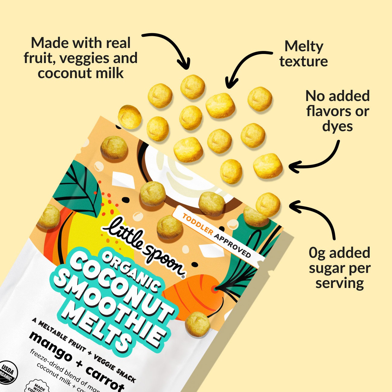 Mango + Carrot Coconut Smoothie Melts made with real fruit, veggies and coconut milk with 0 grams of added sugar