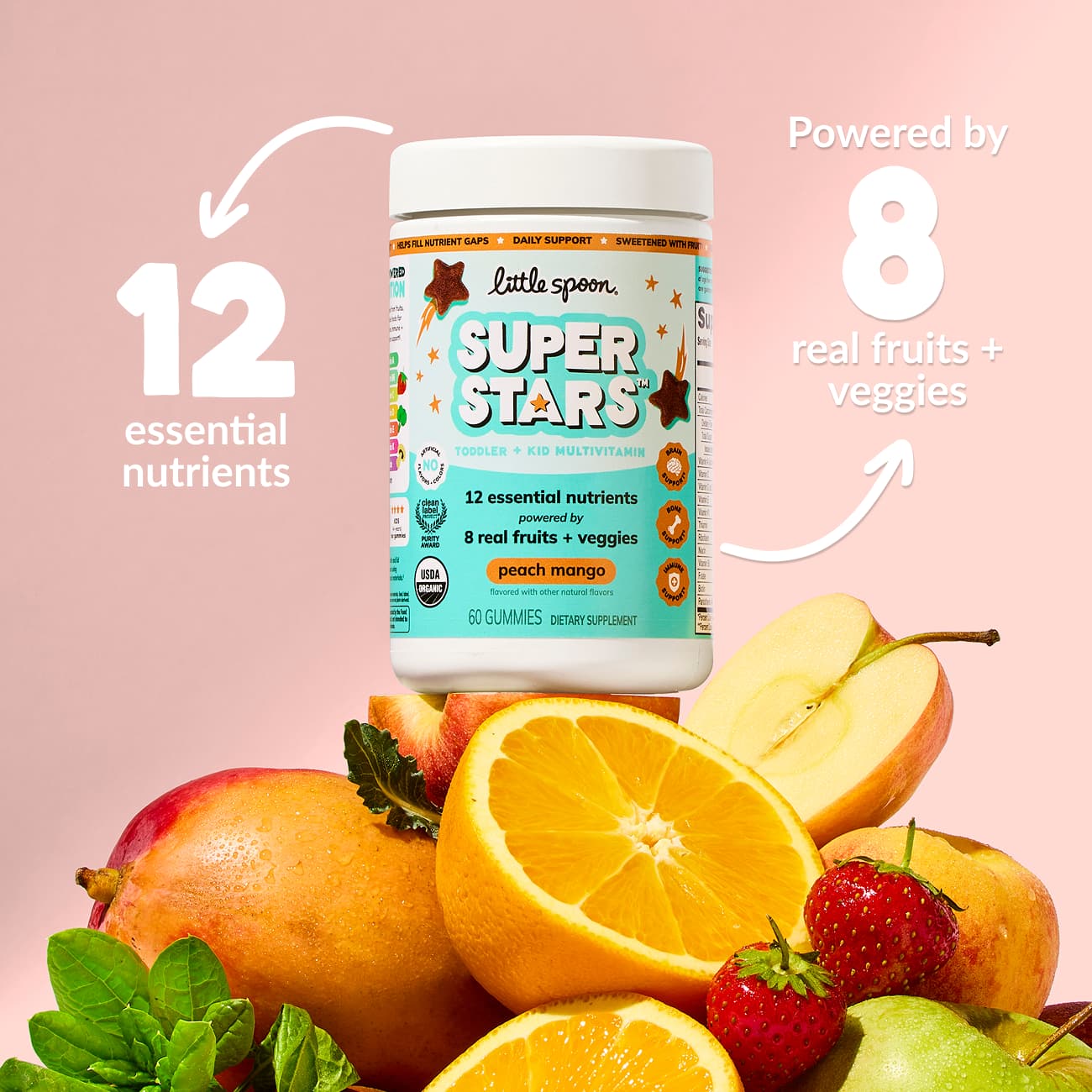 Peach Mango Superstars Multivitamin with 12 essential nutrients powered by 8 real fruits and veggies