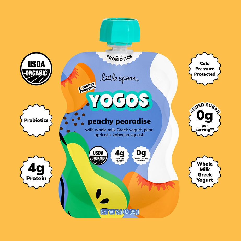 Organic Peachy Pearadise YoGos with 4 grams of protein, probiotics, whole milk green yogurt and 0 grams of added sugar