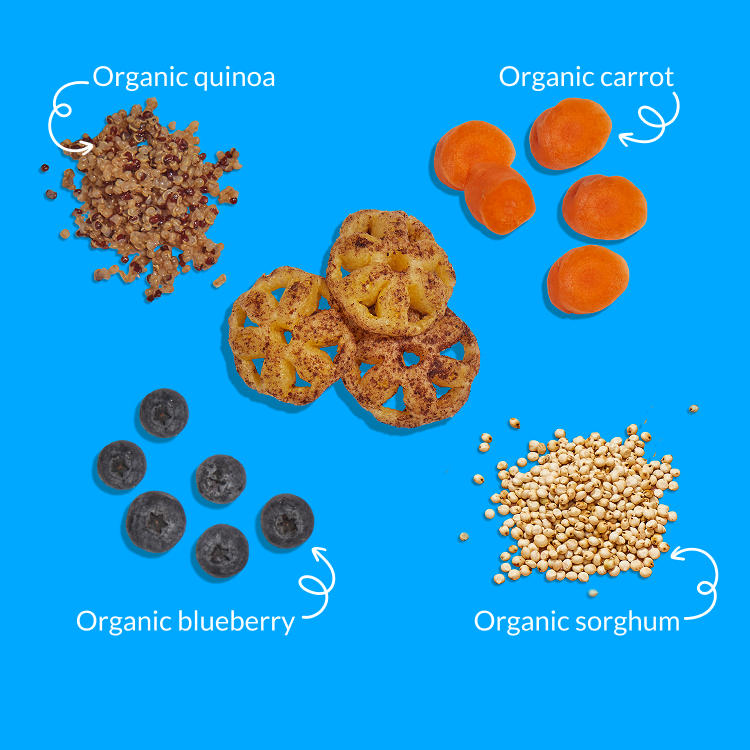 Blueberry Carrot Meltable Baby Wheels made with Organic Blueberry, Organic quinoa, organic carrot and organic Sorghum