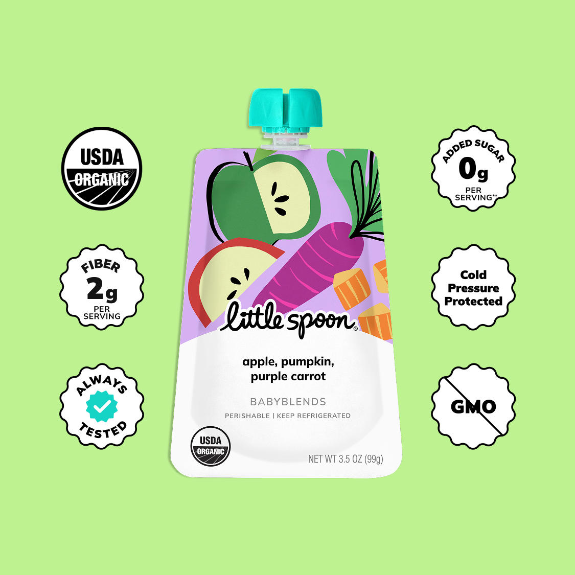 Apple, Pumpkin, Purple Carrot Babyblends Pouch on green background with icons for USDA Organic, 2g fiber, and no added sugar.