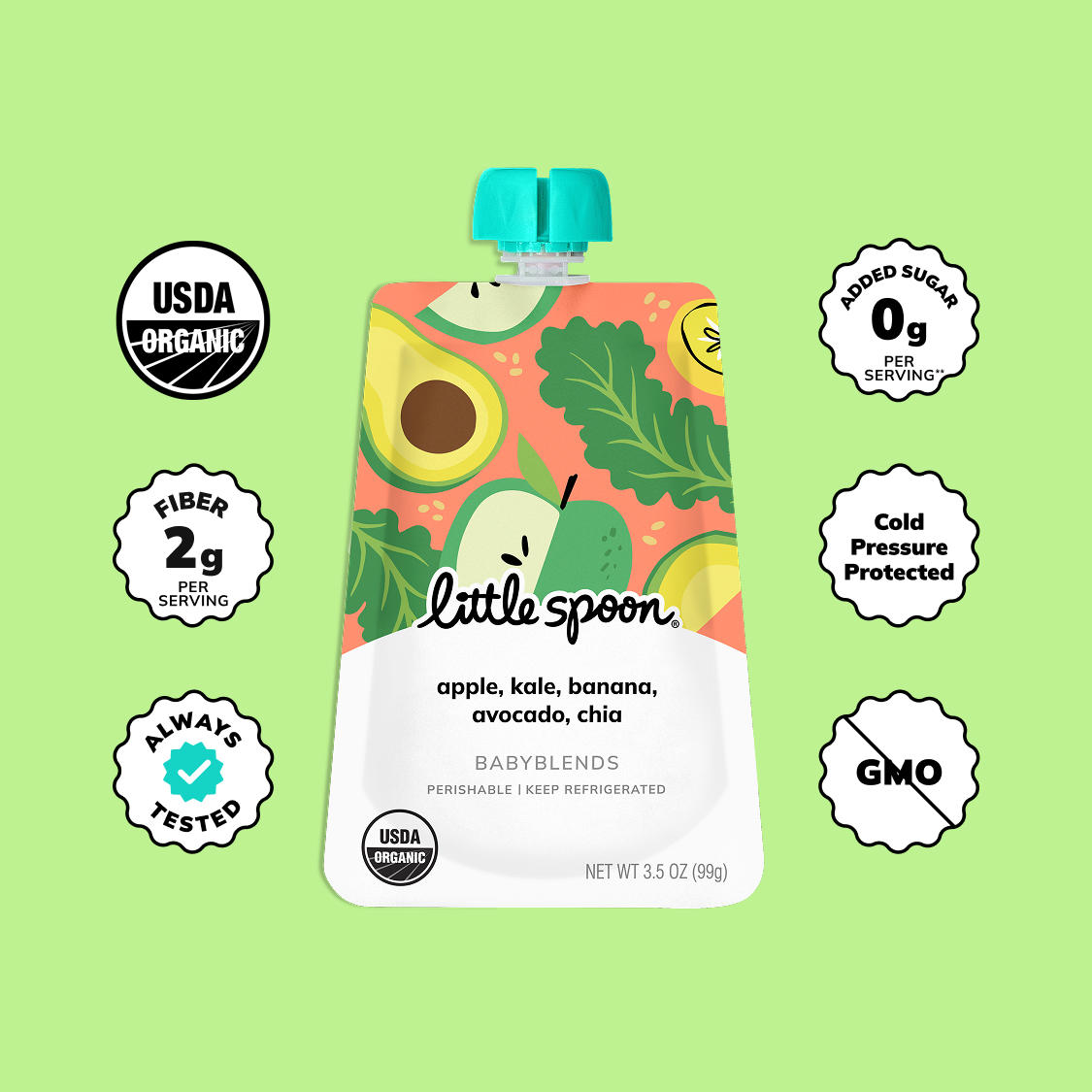 Babyblend Pouch on green background with icons for USDA Organic, 2g fiber, no added sugar, non-GMO, and 'Always Tested'.