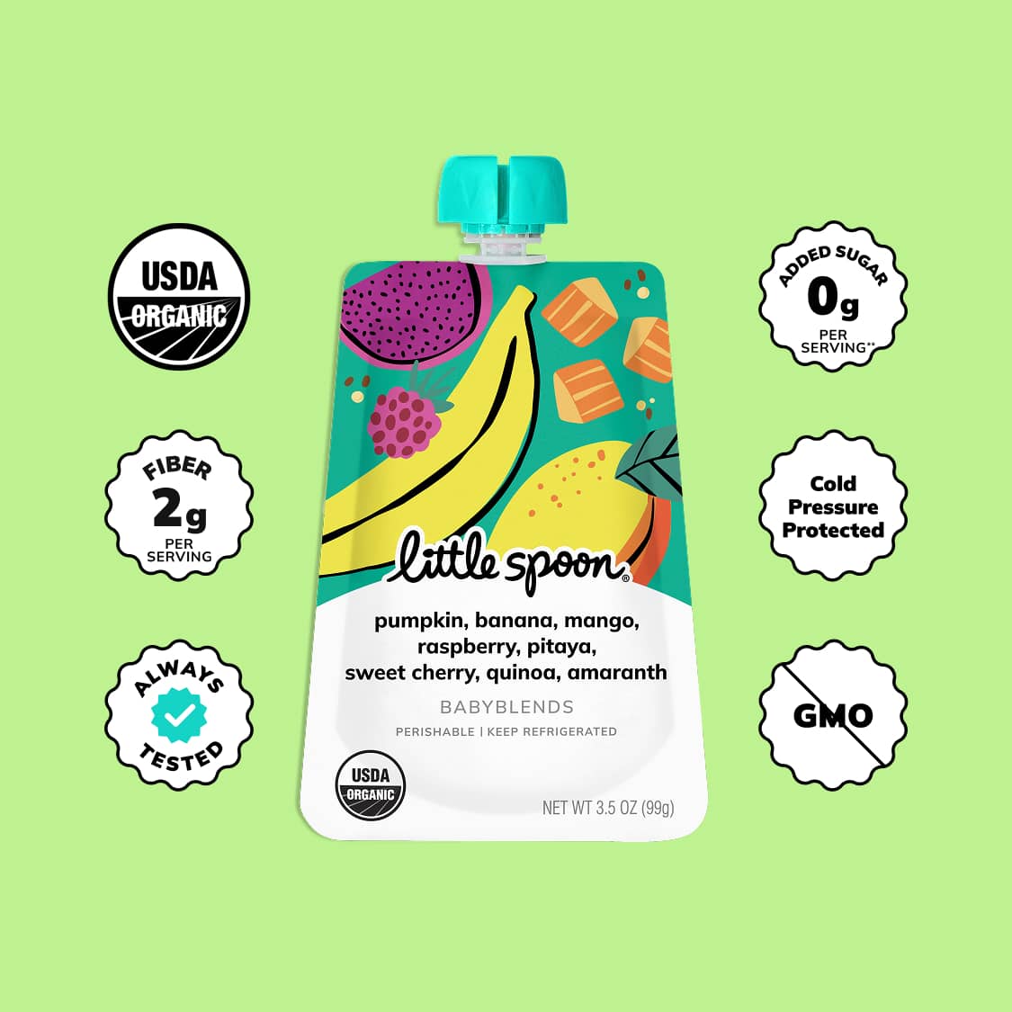 Babyblend Pouch on green background with icons for USDA Organic, 2g fiber, no added sugar, non-GMO, and 'Always Tested'.