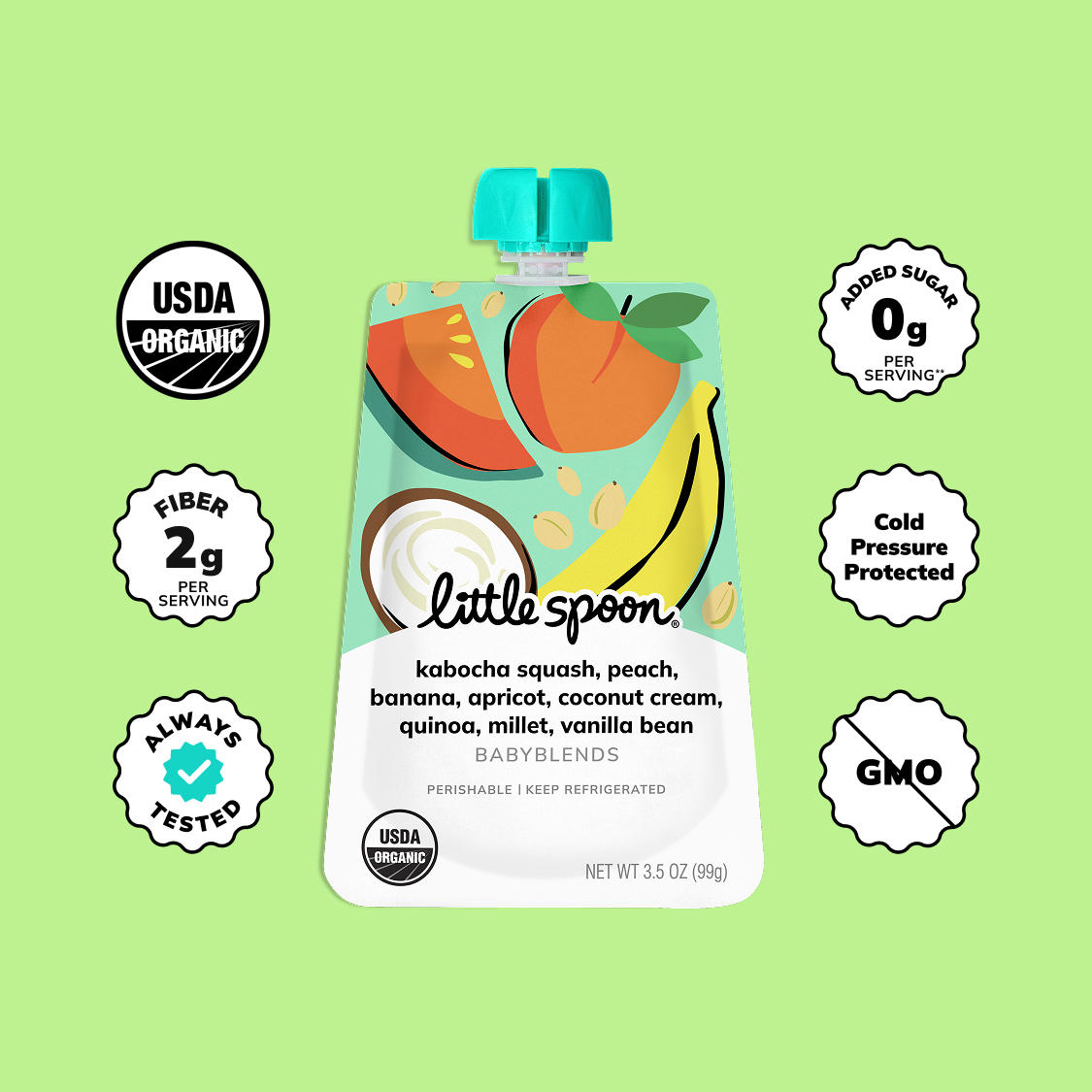 Babyblend Pouch on green background with icons for USDA Organic, 2g fiber, no added sugar, non-GMO, and 'Always Tested'.