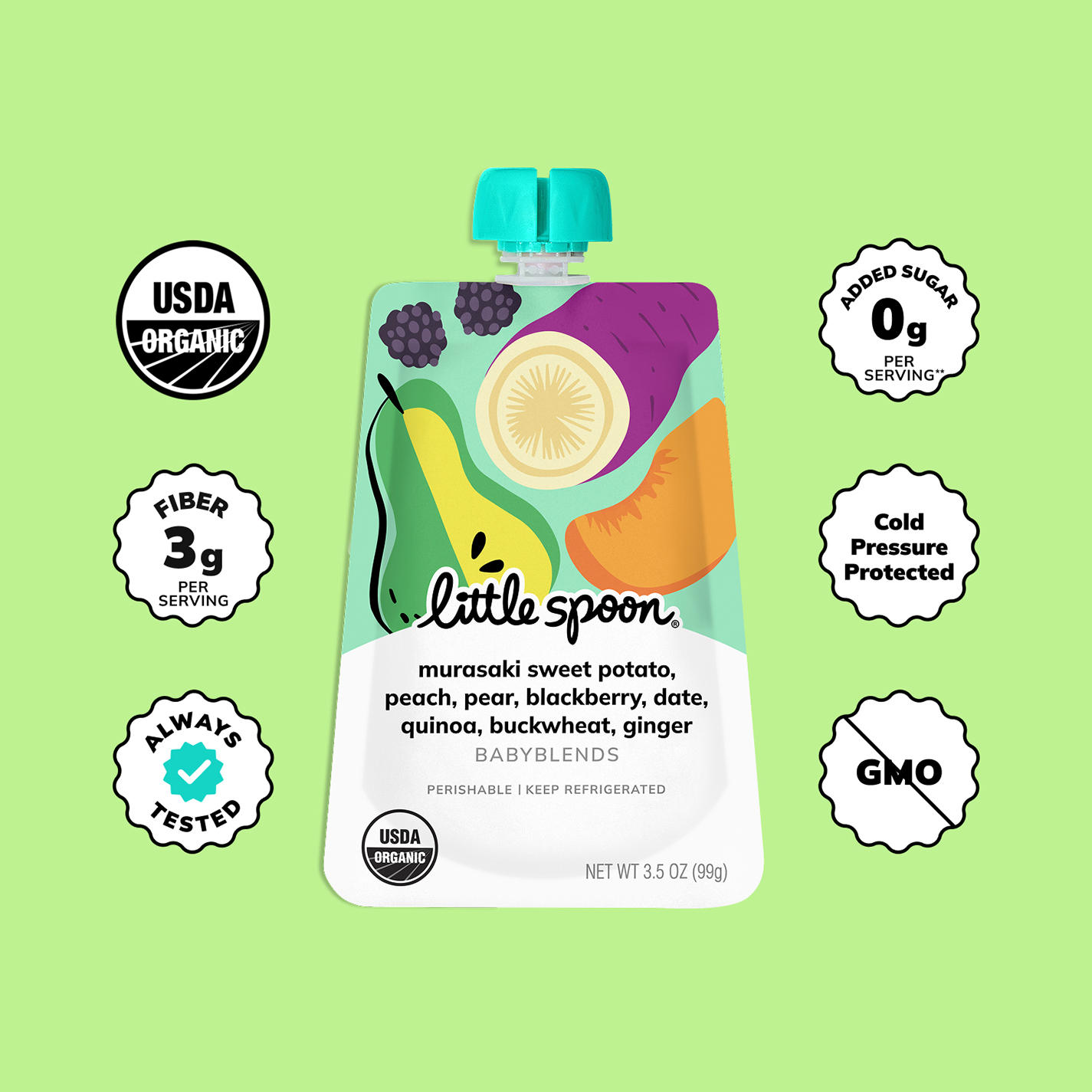 Babyblend Pouch on green background with icons for USDA Organic, 3g fiber, no added sugar, non-GMO, and 'Always Tested'.