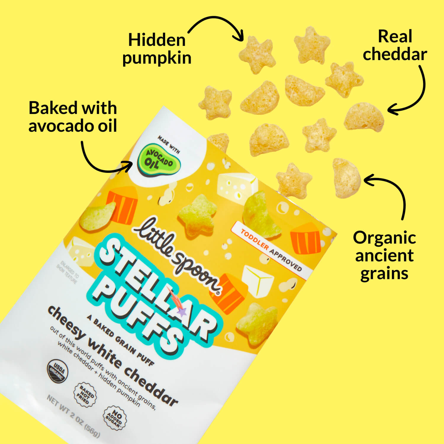 Open bag of Cheesy White Cheddar Stellar Puffs with puffs spilling out on yellow background with text for key ingredients