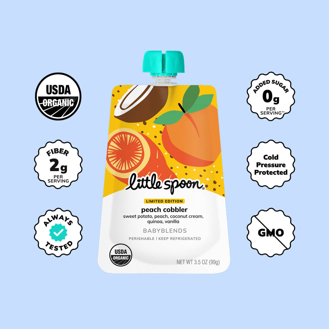 Organic Limited Edition Peach Cobbler Babyblend pouch with zero added grams of sugar, 2 grams of fiber and non GMO