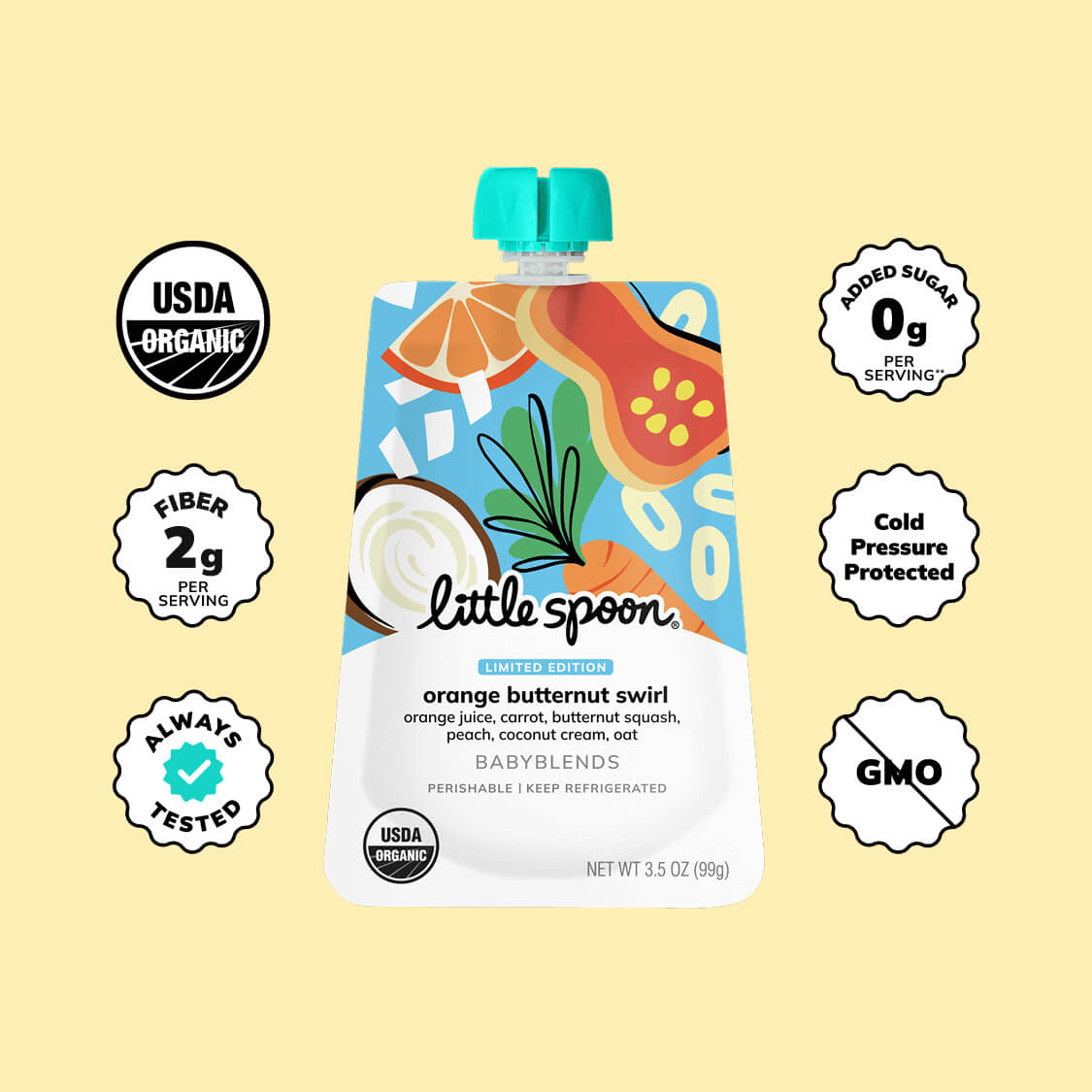 Organic Limited Edition Orange Butternut Swirl Babyblend Pouch with zero grams of added sugar, 2 grams of fiber and non gmo