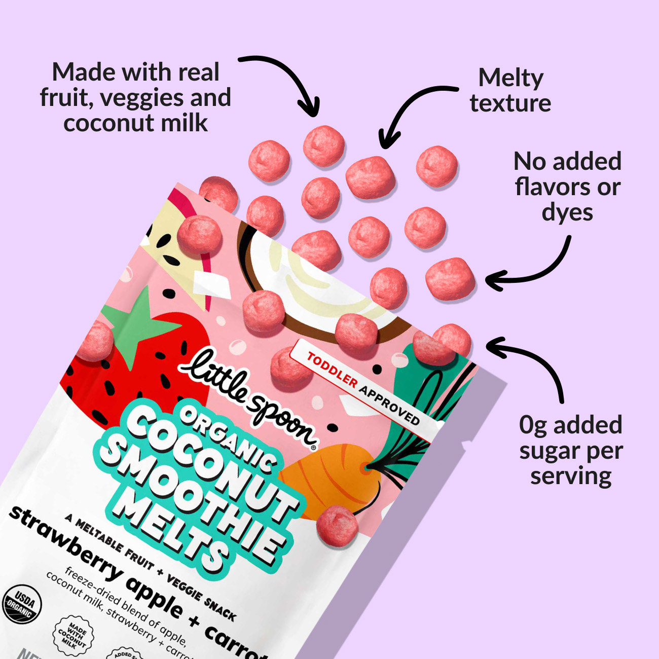 Strawberry Apple + Carrot Coconut Smoothie Melts made with real fruit, veggies and coconut milk, 0 grams of added sugar