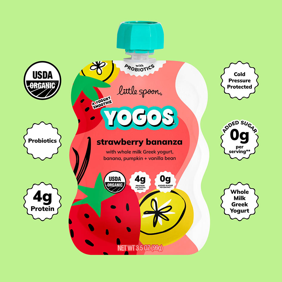 Organic Strawberry Bananza YoGos Pouch with 4 grams of protein, probiots, 0g of added sugar, whole milk greek yogurt