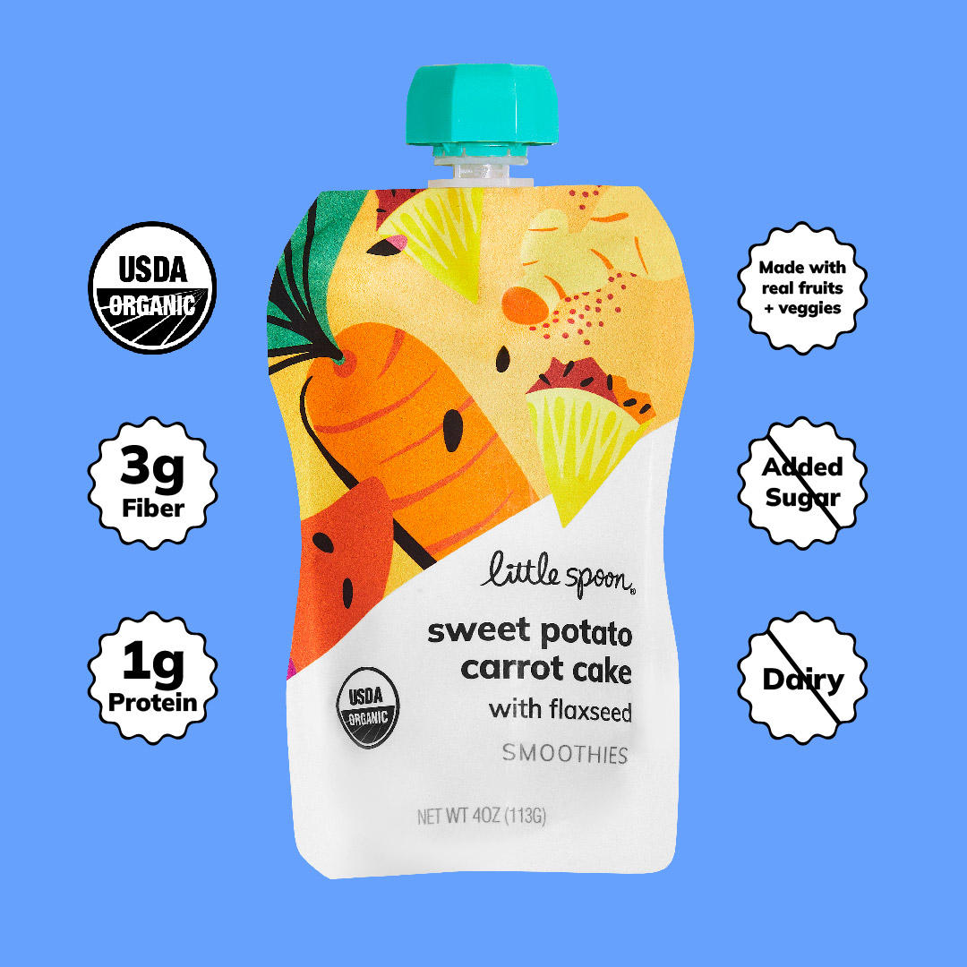 Organic Sweet Potato Carrot Cake Pouch with 3 grams of fiber, 1 gram of protein and no added sugar