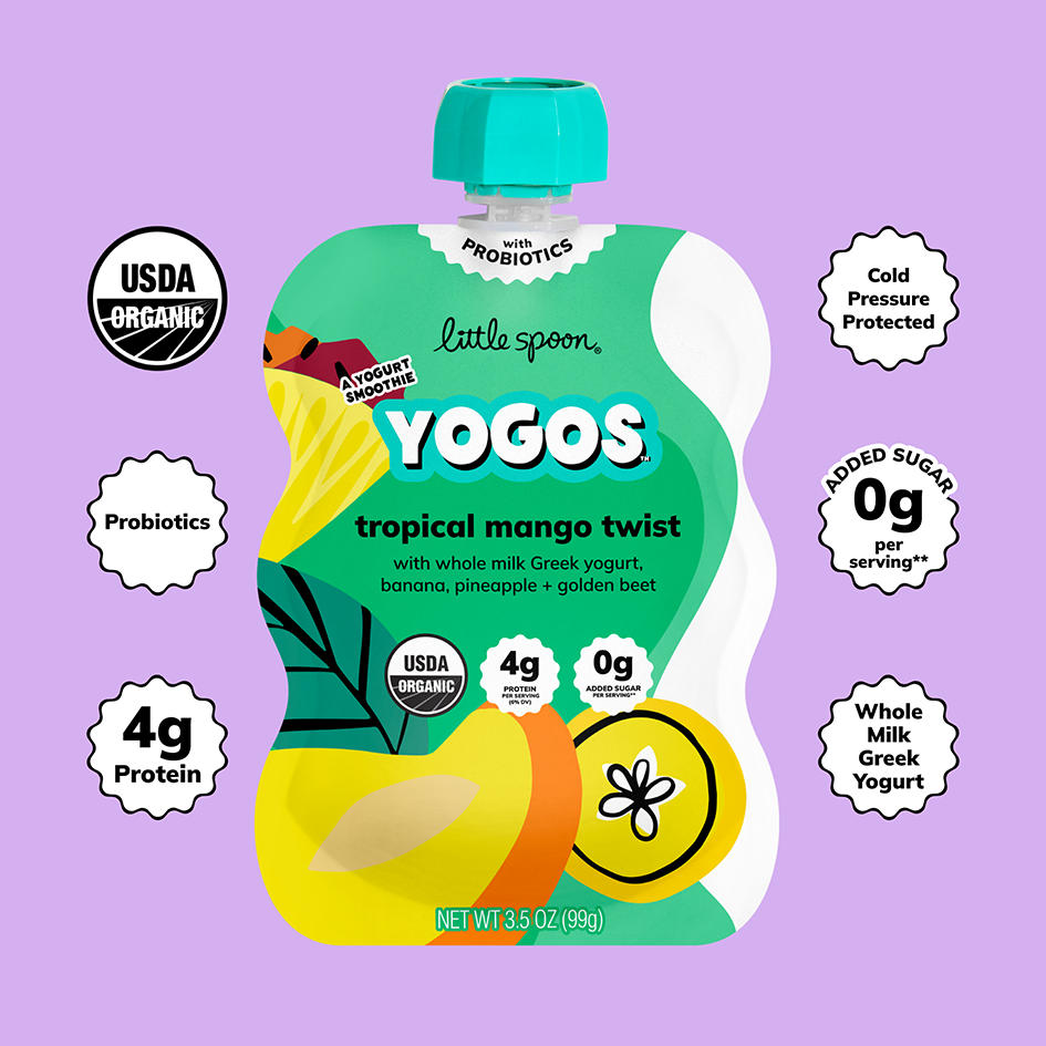 Organic Tropical Mango Twist YoGos with probiotics, 4 grams of protein, 0 grams of added sugar, and whole milk greek yogurt